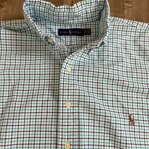 Ralph Lauren Button Down Shirt Men 1XB Check Print Blue Green Flesh Pony Preppy‎